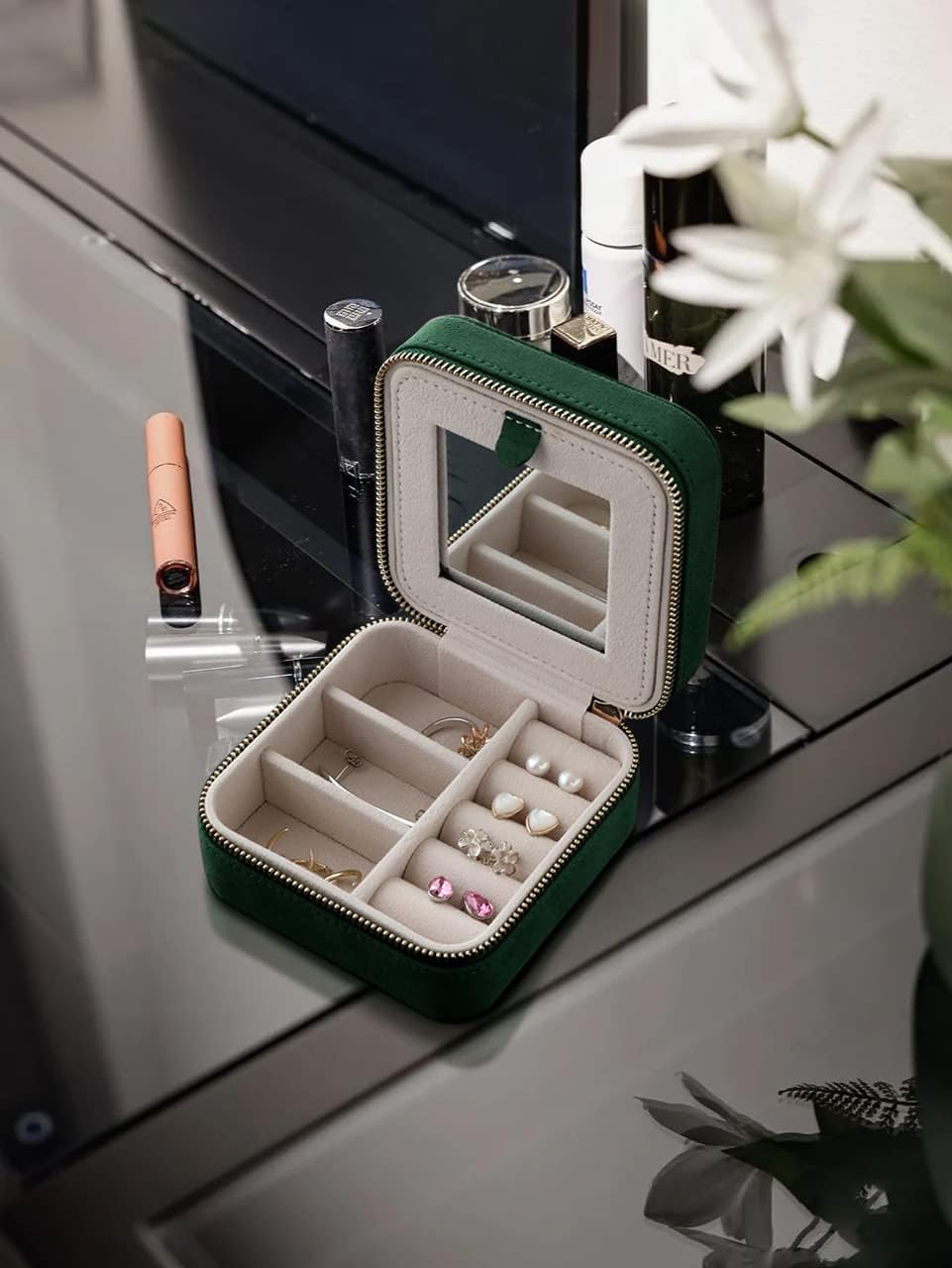 S.Leaf Travel Jewelry Organizer Boxes for Women Small Portable Necklace Earrings Bracelet Rings Travel Case Best Friend Birthday Gifts for Women Trendy (08_Suede_Touch_Emerald)