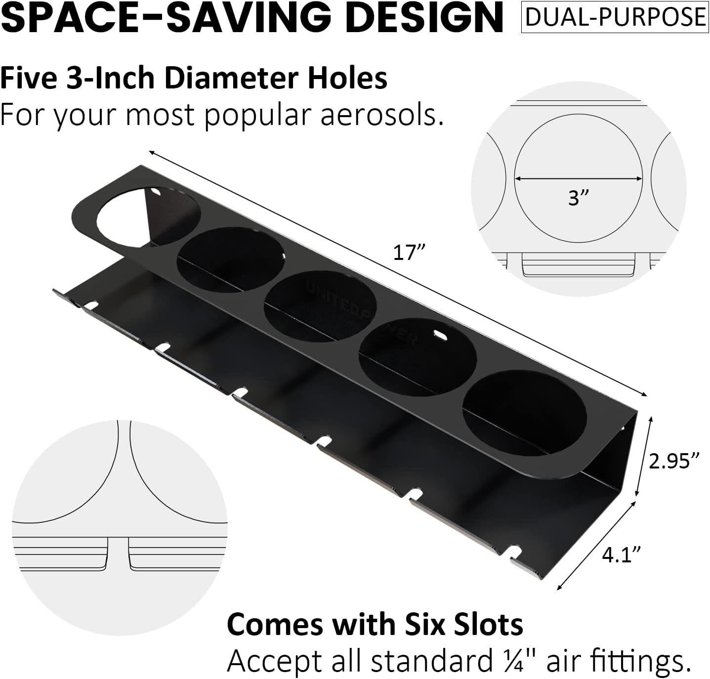 UNITEDPOWER Pneumatic Tool Holder/Aerosol Rack Combo, Wall Mounted Spray Can Bottle Holder, Air tool organizer, for Garage and Workspace, 5 Cans and 6 slots
