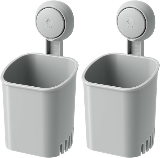 LEVERLOC Powerful Suction Toothbrush Holder 2 Pack, Removable Drill-Free Wall Shower Holder for Toothbrush, Toothpaste, Razor, Self-draining Suction Cup in Shower, Kitchen Tableware Organizer, Gray