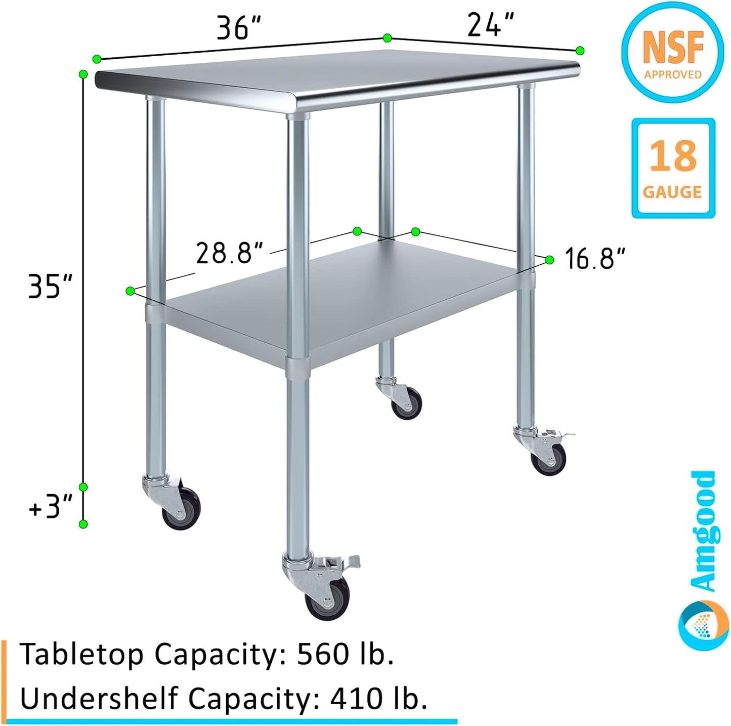 AmGood 36" Long x 24" Deep Stainless Steel Table with Casters