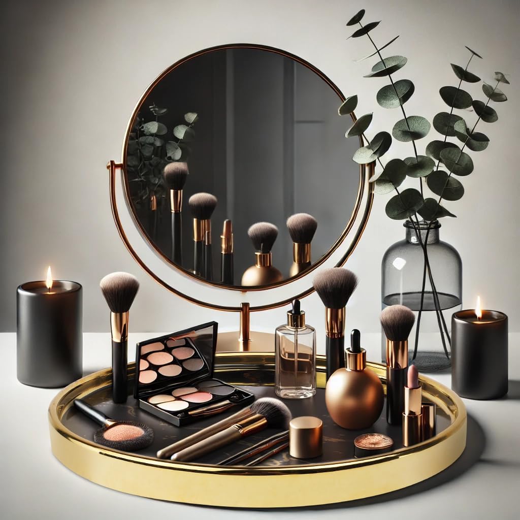 Black Vanity Tray Round Bathroom Decorative Tray for Dresser Countertop Organizer Cosmetics Round Marble Tray for Perfume,Bottles and Accessories