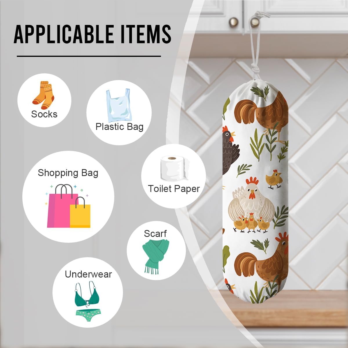 Chicken Animal Plastic Bag Holder, Funny Chickens Grocery Bags Storage Organizer, Reusable Shopping Bags Dispenser for Kitchens Pantry, Farmhouse Kitchen Decor Gifts, Kitchen Pattern Garbage Bag 46