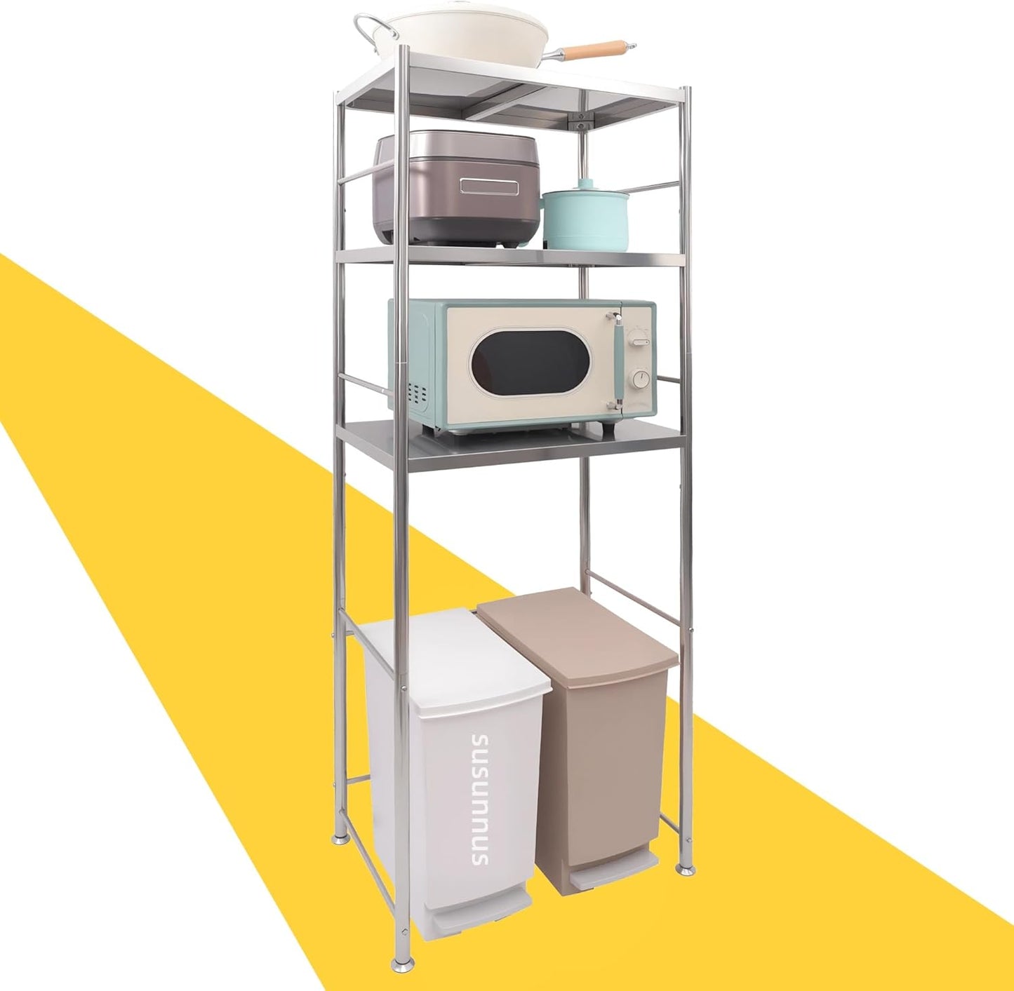susunnus Stainless Steel Shelf,Kitchen Storage Shelves,Microwave Mini Fridge Shelf,Adjustable Height,Open Lower Tier,Laundry Room, Repository (3tier(23.6 * 15.7 * 66.1in))