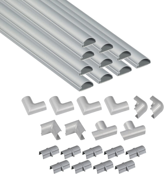 D-Line 157in Cord Cover Kit, Self-Adhesive Wire Hiders, Cable Raceway to Hide Wires on Wall, Electrical Cable Management - 10x 15.7 Lengths & 19 Accessories - 1.18" (W) x 0.59" (H) - Gray