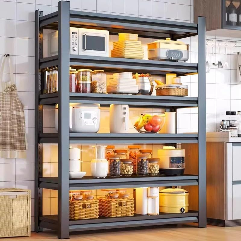 Storage Shelves, Garage Metal Shelving Unit, Adjustable, Double-Layer Column with Reinforced Ribs, Heavy-Duty, Capable of Bearing 600-3600 lbs (Black, 82 * 39 * 18, 6-Tier)