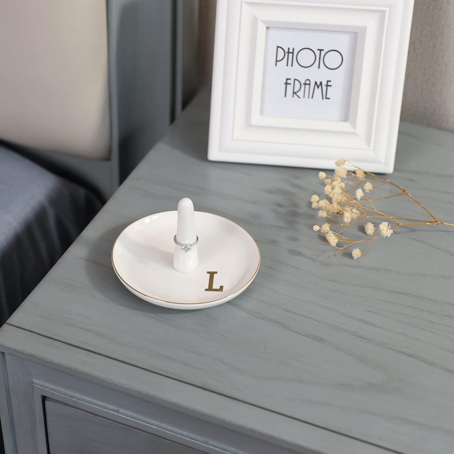 HOME SMILE Initials Ring Holder Jewery Tray with personalized L-Monogrammed Engagement Gifts for Friends,Birthday Mother's Day Christmas Gifts for Women,Ceramic White