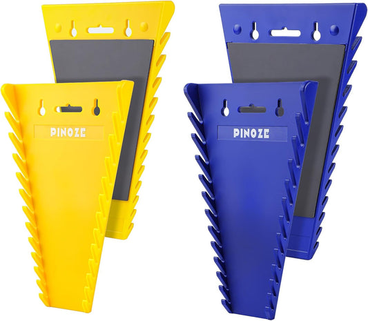 4-Pack Magnetic Wrench Organizer, 48-Slot Wrench Rack Tool Trays, Durable ABS Wrench Holder for Tool Box Drawer Chest, SAE (1/4" to 1-1/16") & Metric (6 to 24mm), Yellow/Blue