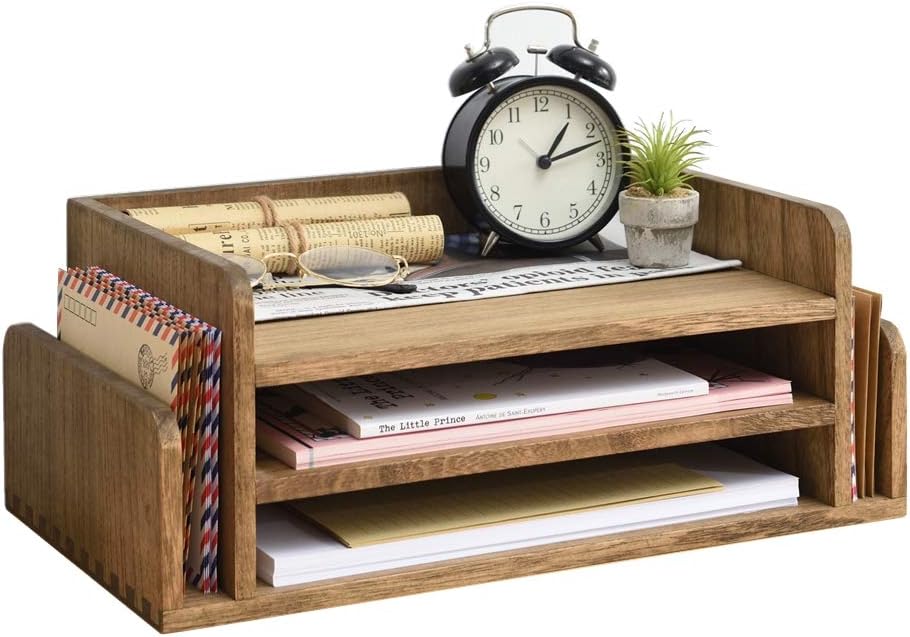 KIRIGEN Wood Desk Organizer 5 Trays - Desktop Document Letter Tray for Folders, Mail,File -Nature 3-Tier Office Mail Sorter Organizer Rack/Telephone Stand/Document Holder Dark Brown(2TP-DBR)