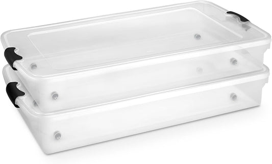 HOMZ 2-Pack Under Bed Storage, Clear Plastic Containers with Lids, 60 Quart, Gray Latch - Stackable Underbed Organizer Bins for Shoes, Bags, Clothes, and Towels