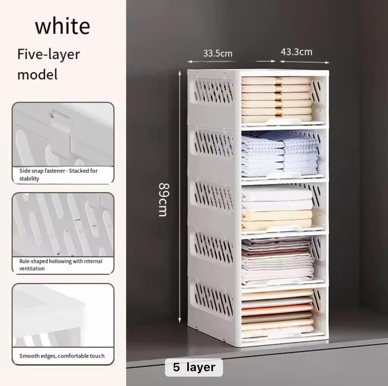 5 Pack Stackable Drawer Storage Baskets – Foldable Closet Organizer with Slide-Out Drawer Feature for Clothes, Kitchen, Bathroom & Laundry Room – Space-Saving Storage Bins, White