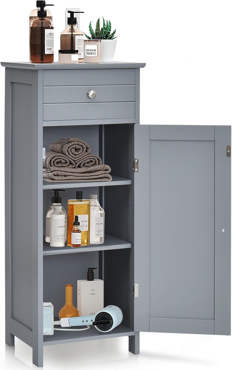 HAPPYGRILL Bathroom Floor Cabinet, Single Door Floor Storage Cabinet Organizer with Drawer and 3-Level Adjustable Shelves, Bathroom Cabinets Freestanding with Anti-Tipping Device for Living Room