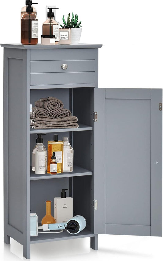 HAPPYGRILL Bathroom Floor Cabinet, Single Door Floor Storage Cabinet Organizer with Drawer and 3-Level Adjustable Shelves, Bathroom Cabinets Freestanding with Anti-Tipping Device for Living Room