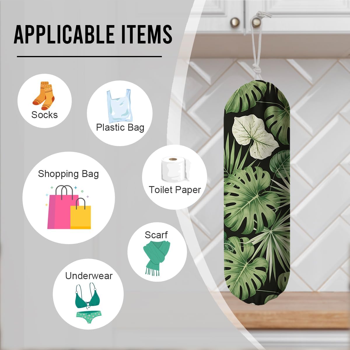 Green Leaves Plastic Bag Holder, Wall Mount Plastic Bags Organizer for Car Trash, Tropical Home Kitchen Decor, Reusable Grocery Bag Organizer, Kitchen Pattern Garbage Bags 52