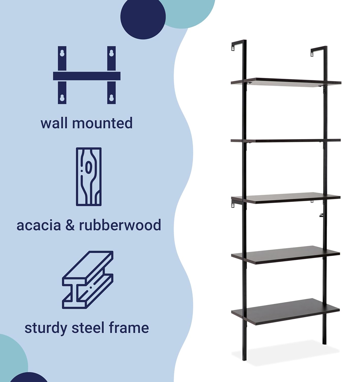 happimess MSH1001A Madera 72.05" Classic Industrial 5-Shelf Wood Wall-Mounted Open Ladder Bookcase with Metal Frame, Black