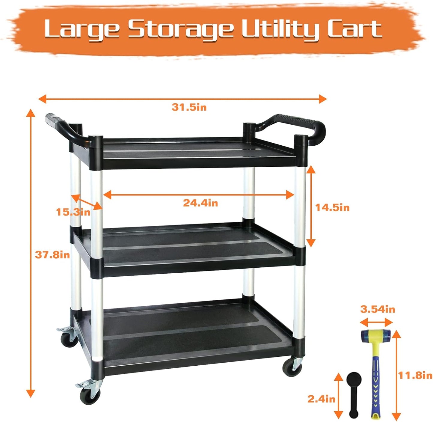 Utility Carts with Wheels,3-Tier Rolling Cart with Wheels, Heavy Duty 510 LBS Food Service Cart with Rubber Pad and Hammer for Kitchen/Office/Warehouse, 31.5" X 16.9" X 38.9"(Black)