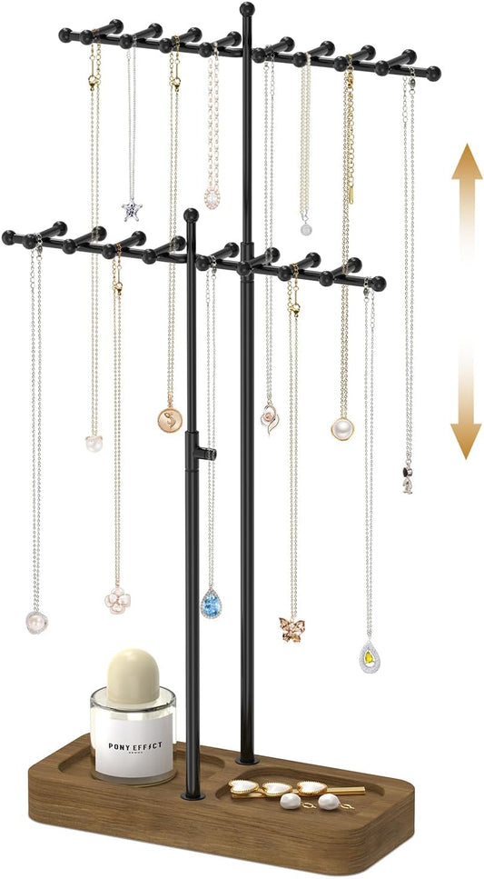 MODOWEY Necklace Holder Organizer Stand with 36 Hooks, Tall Display Tree Rack for Women Men Jewelry Storage, Adjustable 2 tier Metal Hanger Wood Tray for Vendor, Large Capacity for Dresser Small Space