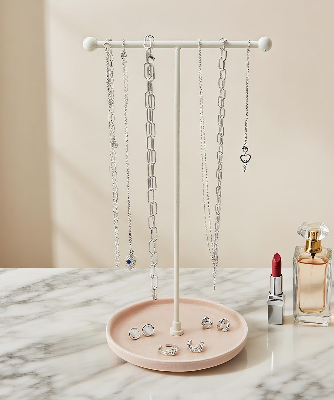 VROOMIUM Necklace Holder Stand - 6in Ceramic Base X 1ft Height, Aesthetic Decor for Bedroom, Jewelry Organizer for Necklace, Bracelets, Rings, Exhibidor de Collares- Romantic Pink