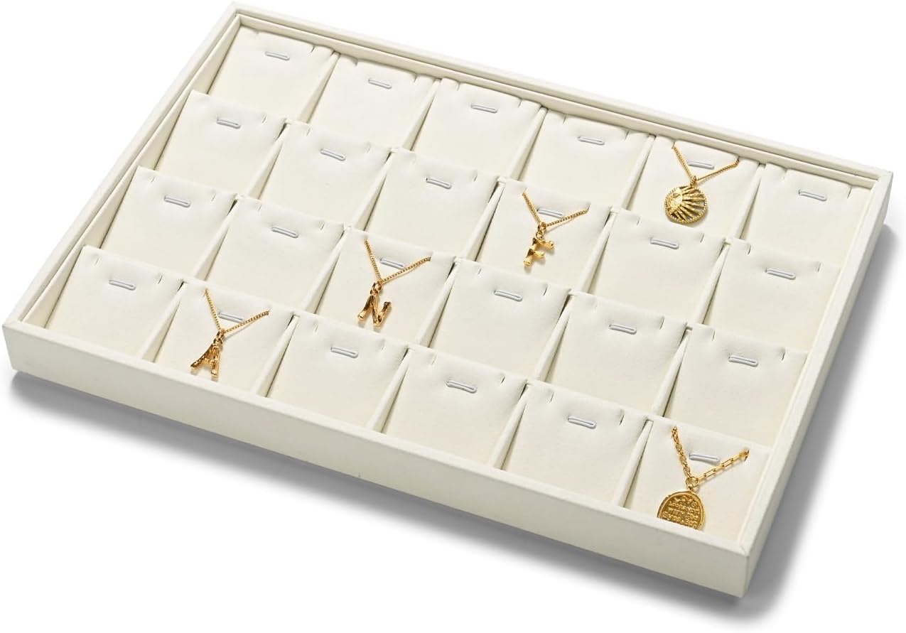 24 Grids Necklace Display Tray, Stackable Jewelry Organizer Trays, Microfiber Necklace Bracelet Pendant Holder Storage Display (Beige)