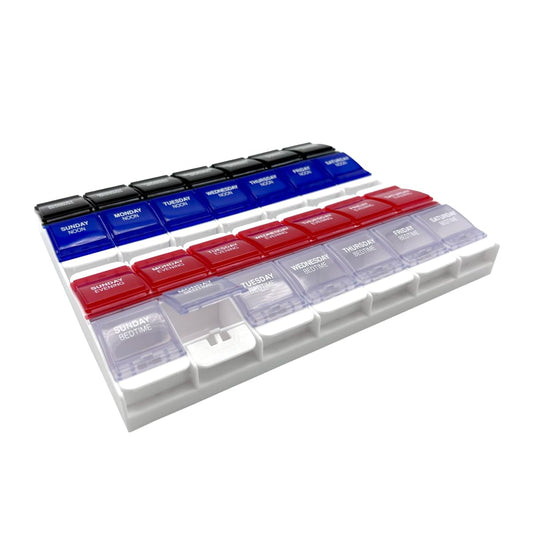 EZY DOSE Weekly (7-Day) Pill Organizer, Vitamin Container, and Daily Medicine Planner, 2X-Large Push Button Compartments, Arthritis Friendly, Easy to Use, 4 Times a Day, Color-Coded Lids, BPA Free