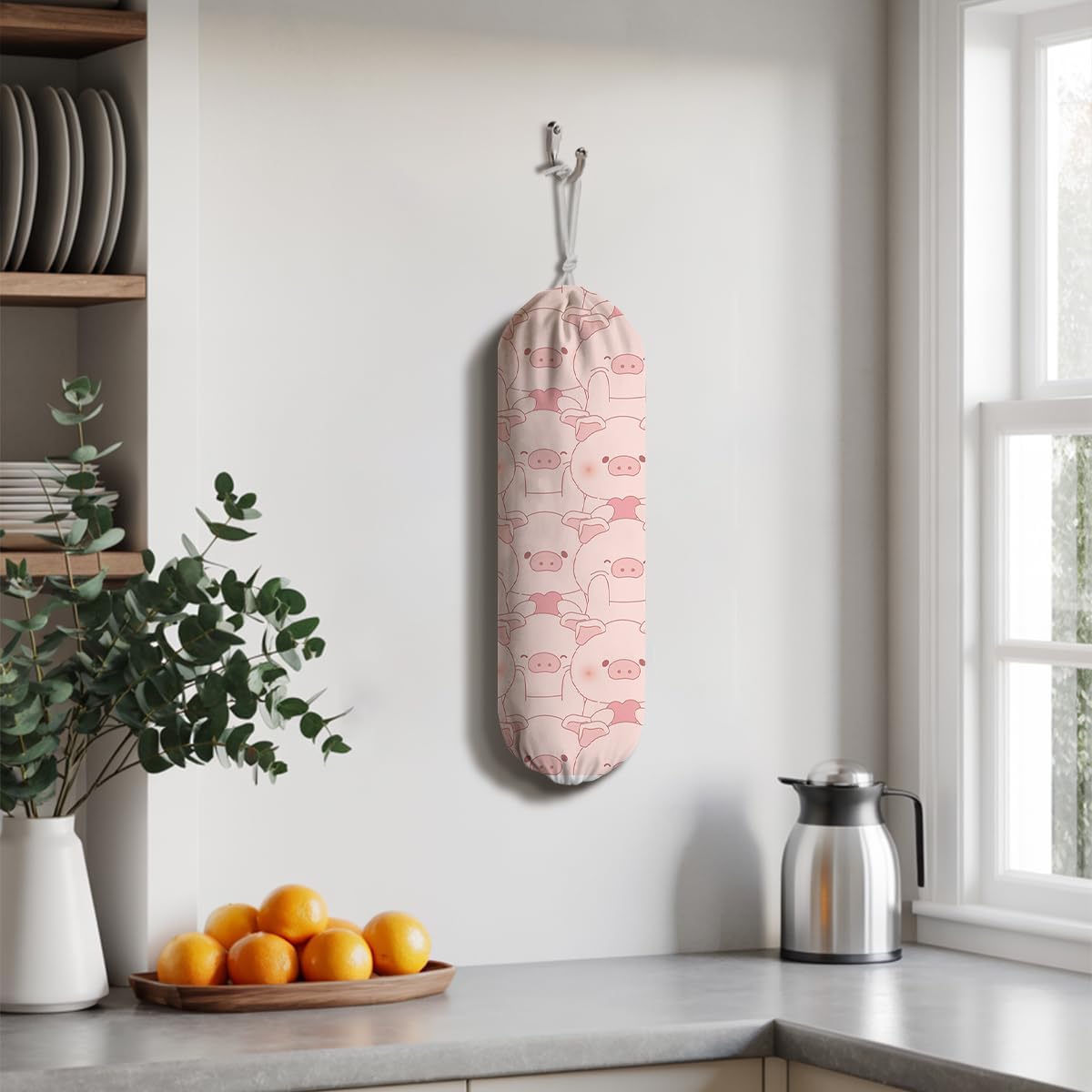 Pig Plastic Bag Holder, Wall Mount Plastic Bags Storage Container Dispenser, Cute Farmhouse Kitchen Decor Gifts for Women Pigs Lover, Kitchen Pattern Garbage Bag 42