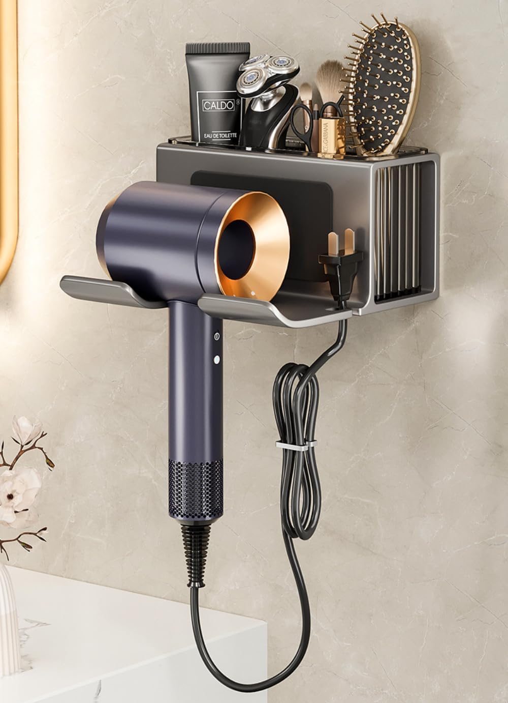 Hair Dryer Holder Wall Mounted,with Individually Removable Organizer Box, Aluminum Blow Dryer Holder for Bathroom, Salon Organizers & Storage(Gunmetal Grey),Weight Capacity 10 kg (22 lbs)