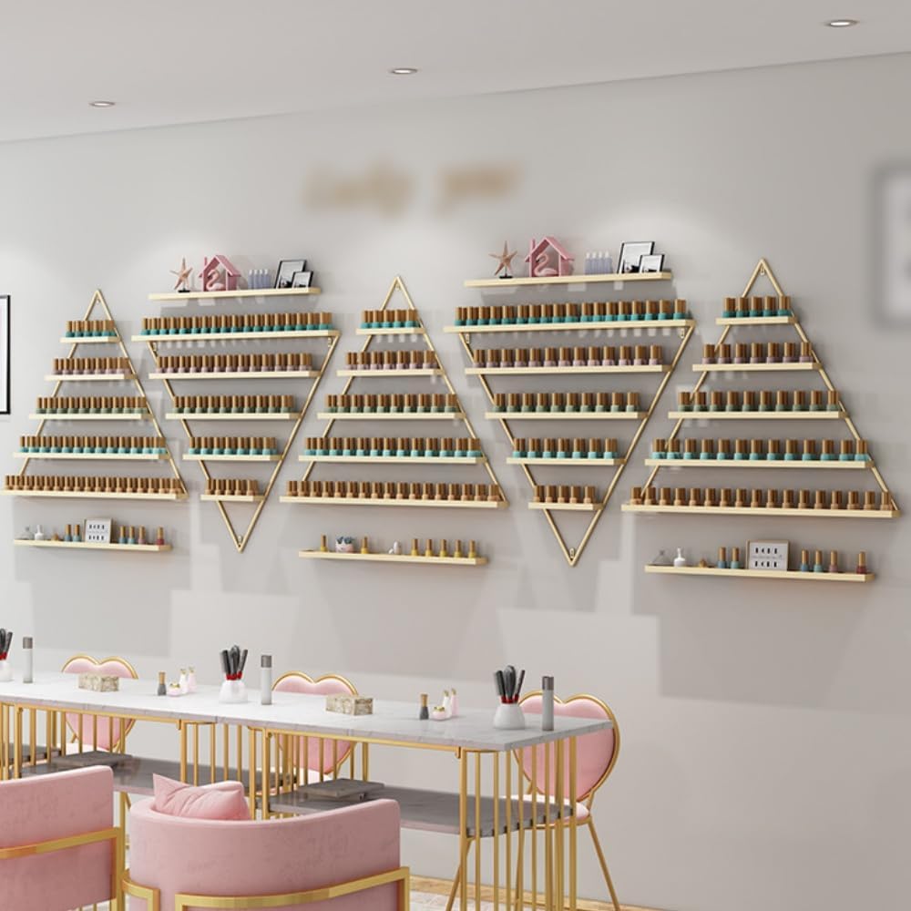 Elegant Wall Mounted Nail Polish Storage Rack Set of 10 Triangular Cosmetic Display Shelves for Essential Oil Bottles, Organize Your Lipsticks and Perfumes in Style at Home or Salon (Gold)