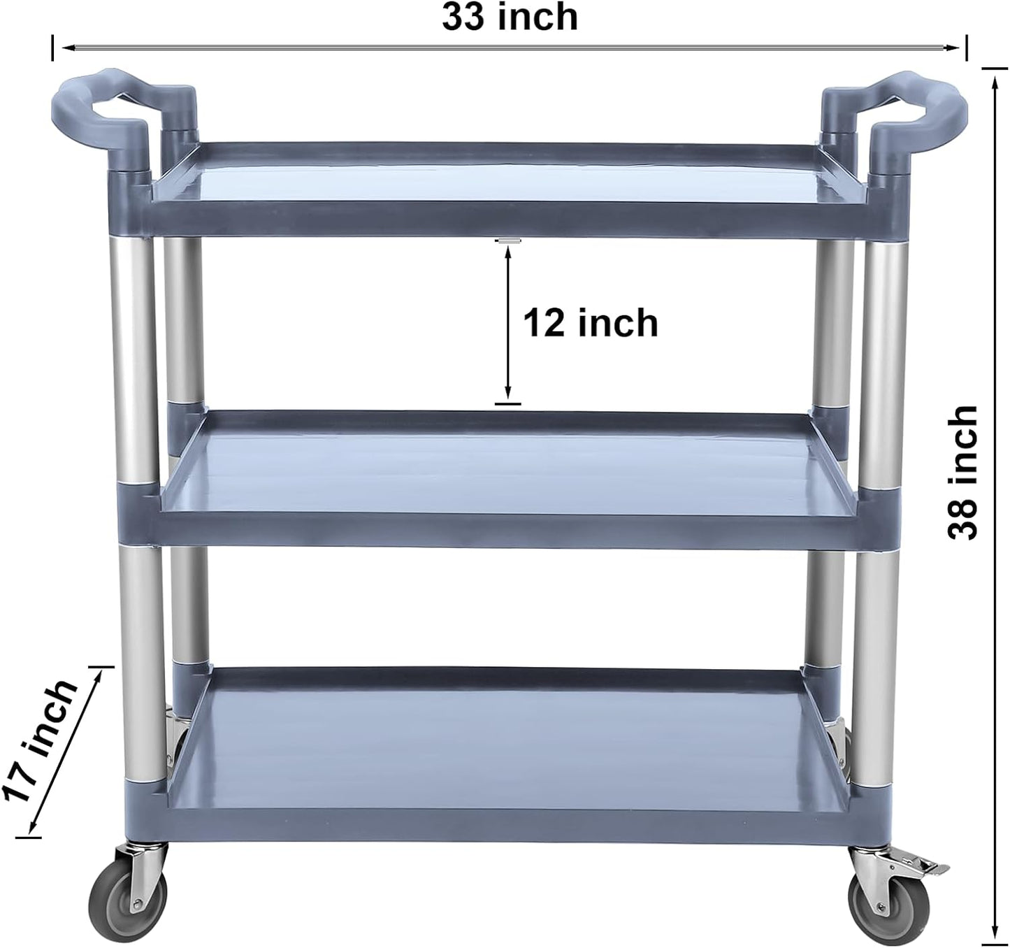3-Tier Heavy Duty Utility Cart with Wheels, 43" Lx 21" W x 38" H, Durable Rolling Cart for Restaurant, Office, Kitchen, and Warehouse Use, Lockable 360° Swivel Casters Service Cart, Grey