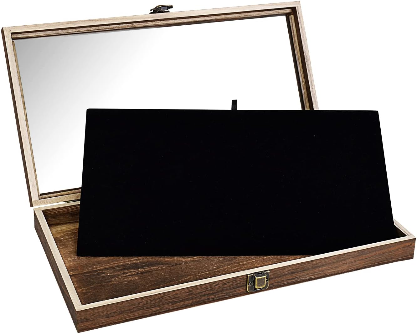 MOOCA Wooden Jewelry Display Case with Tempered Glass Lid and Removable Black Luxurious MDF Velvet Jewelry Display Pad, Pocket Knife Eyewear Case, Brown Color