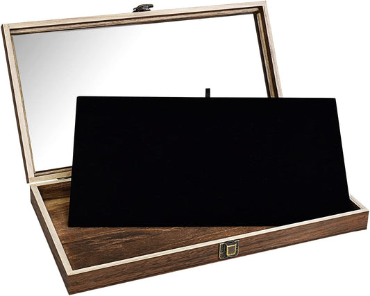 MOOCA Wooden Jewelry Display Case with Tempered Glass Lid and Removable Black Luxurious MDF Velvet Jewelry Display Pad, Pocket Knife Eyewear Case, Brown Color