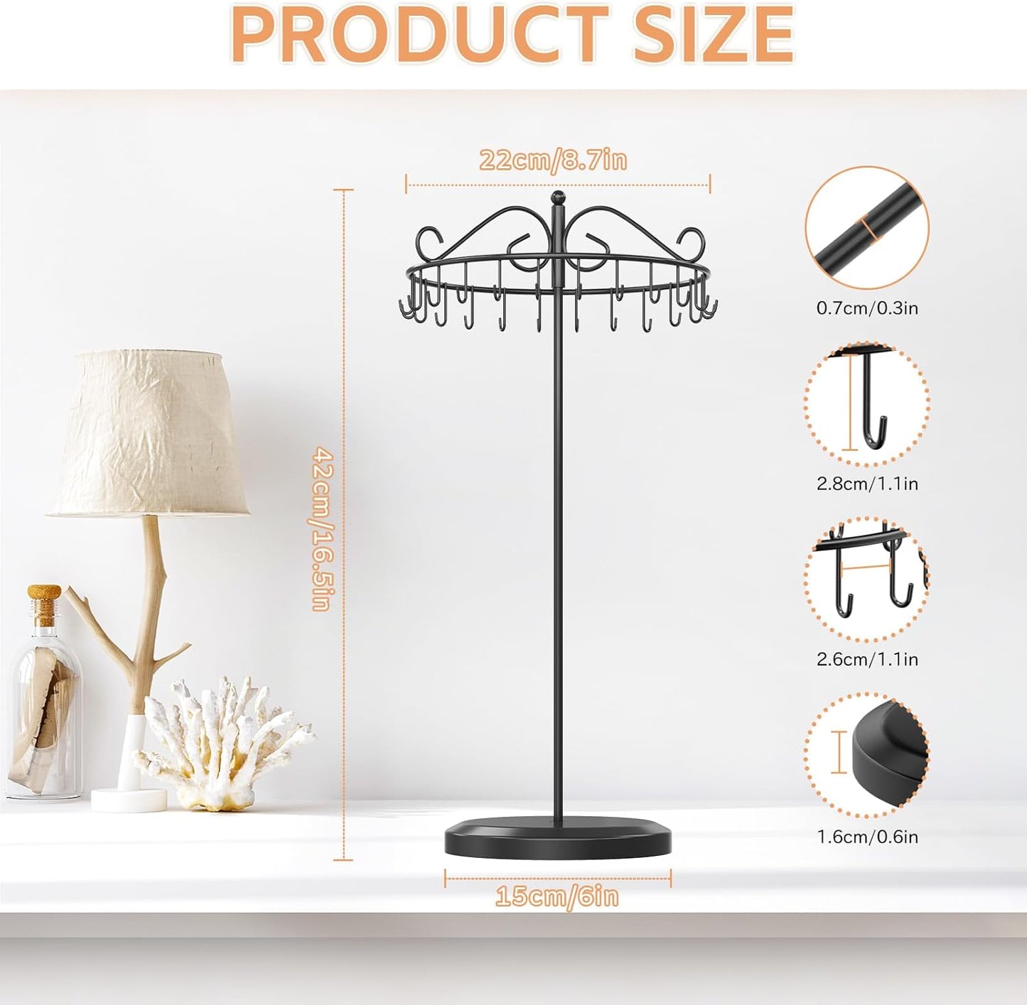 iDavosic.ly Rotating Necklace Holder Organizer with 24 Hooks, Adjustable Metal Bracelet Display Stand Rack, Extra Tall Keychain Spinning Tree Tower for Women, Black