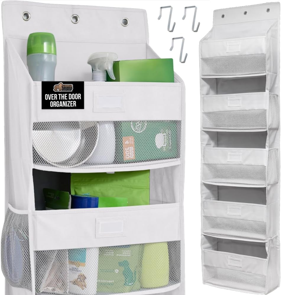 GORILLA GRIP Large Capacity Closet Organizer, 5 Deep Shelves, Holds 50lbs, Over the Door Organizers 6 Mesh Pockets, Shelf Storage for Clothes Crafts Dorm Essentials, 3 Metal Hooks, 58x15 Inches, White