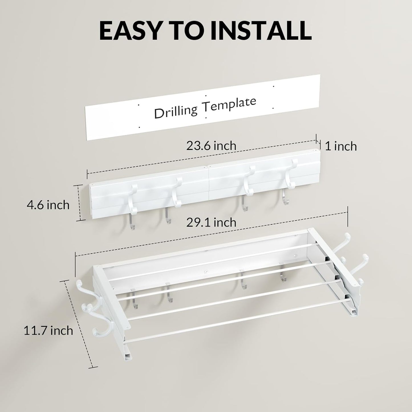 BAKON Wall Mounted Foldable Clothes Drying Rack - Indoor Outdoor Laundry Drying Rack with 4 Hooks & 4 Poles, Space Saving Concealed Design for Storage (23.6"【Upgrade】)