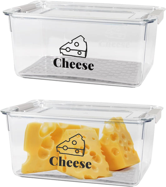 Cheese Holder Food Storage, Airtight Cheese Storage Box with Lid- Non Toxic, Lunch Meat Storage Sandwich Ham Cheeses Salami Sliced Turkey for Refrigerator to Keep Food Fresh,Clear-2Pack