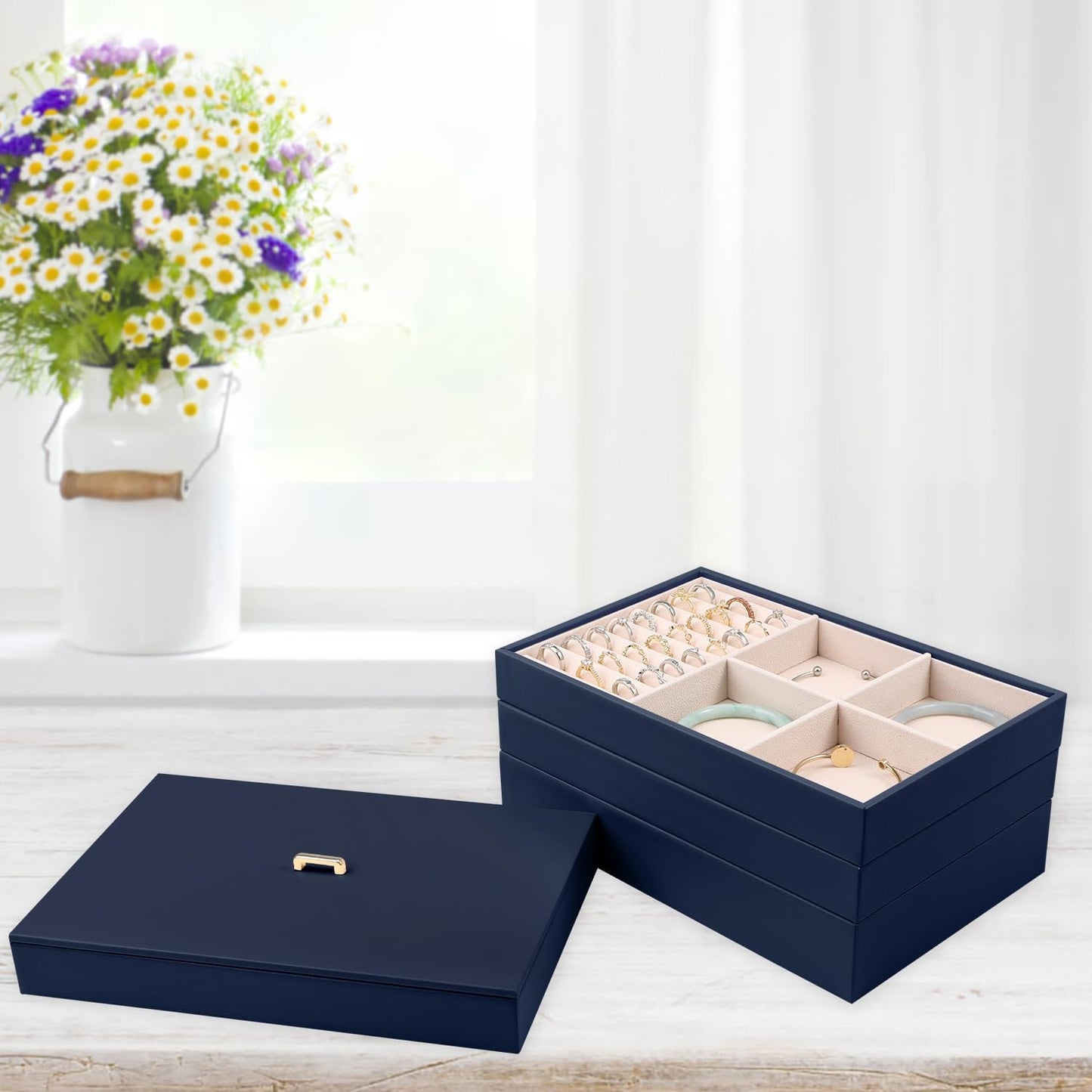 Voova Stackable Jewelry Organizer Tray with Lid, PU Leather Jewelry Storage Holder for Drawer Inserts, Jewellery Display Box Case for Earring Necklace Ring Watch Bracelet (Set of 4, Navy Blue)