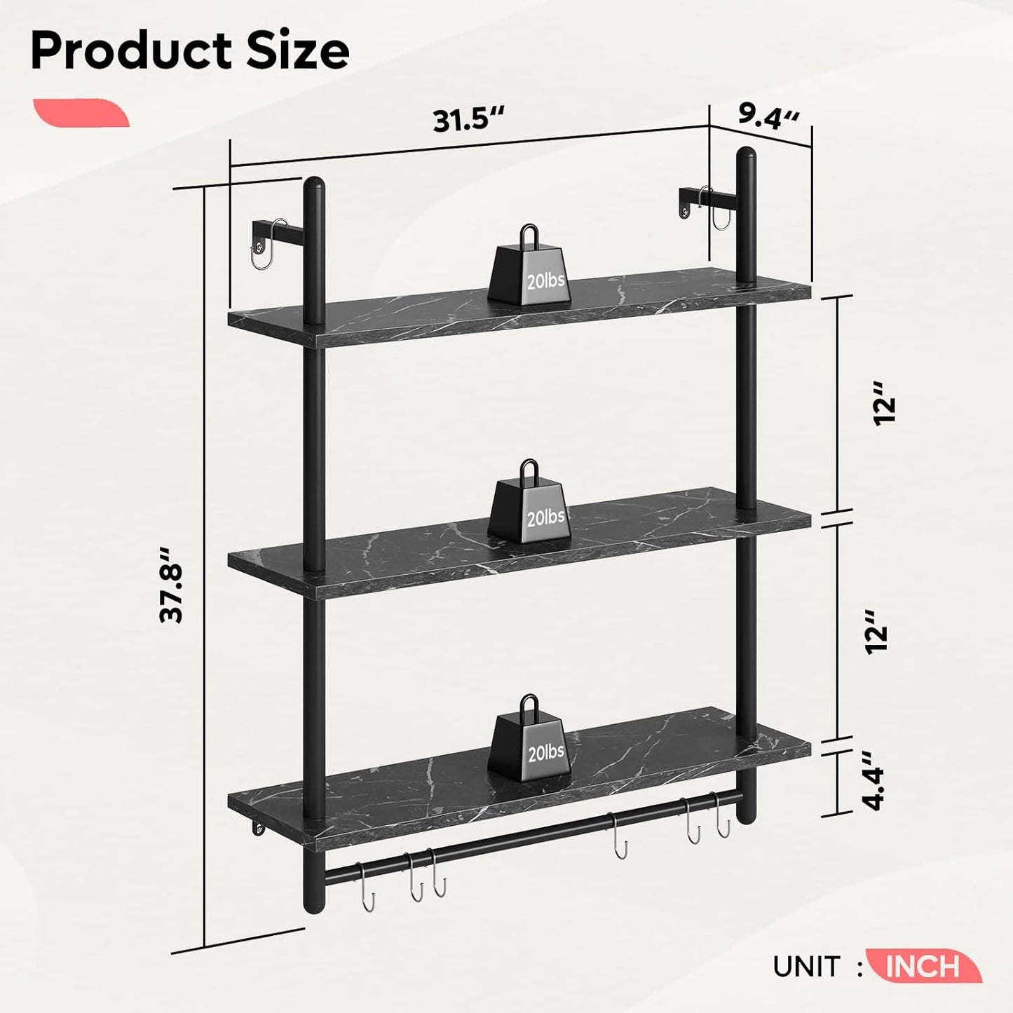 Bestier Floating Pipe Shelving, 31.5" Floating Kitchen Shelves Wall Mounted, 3 Tier Coffee Bar Shelf Ladder Bookshelf with Towel Bar Hooks for Kitchen Living Room Bathroom Bedroom, Black Marble