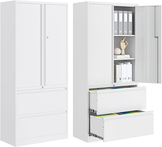 2-Drawer Metal File Cabinet, Lateral Vertical Filing Cabinets for Home Office, Locking File Cabinet with Storage Shelves, Legal/Letter/A4 Size (White, Assemble Required)