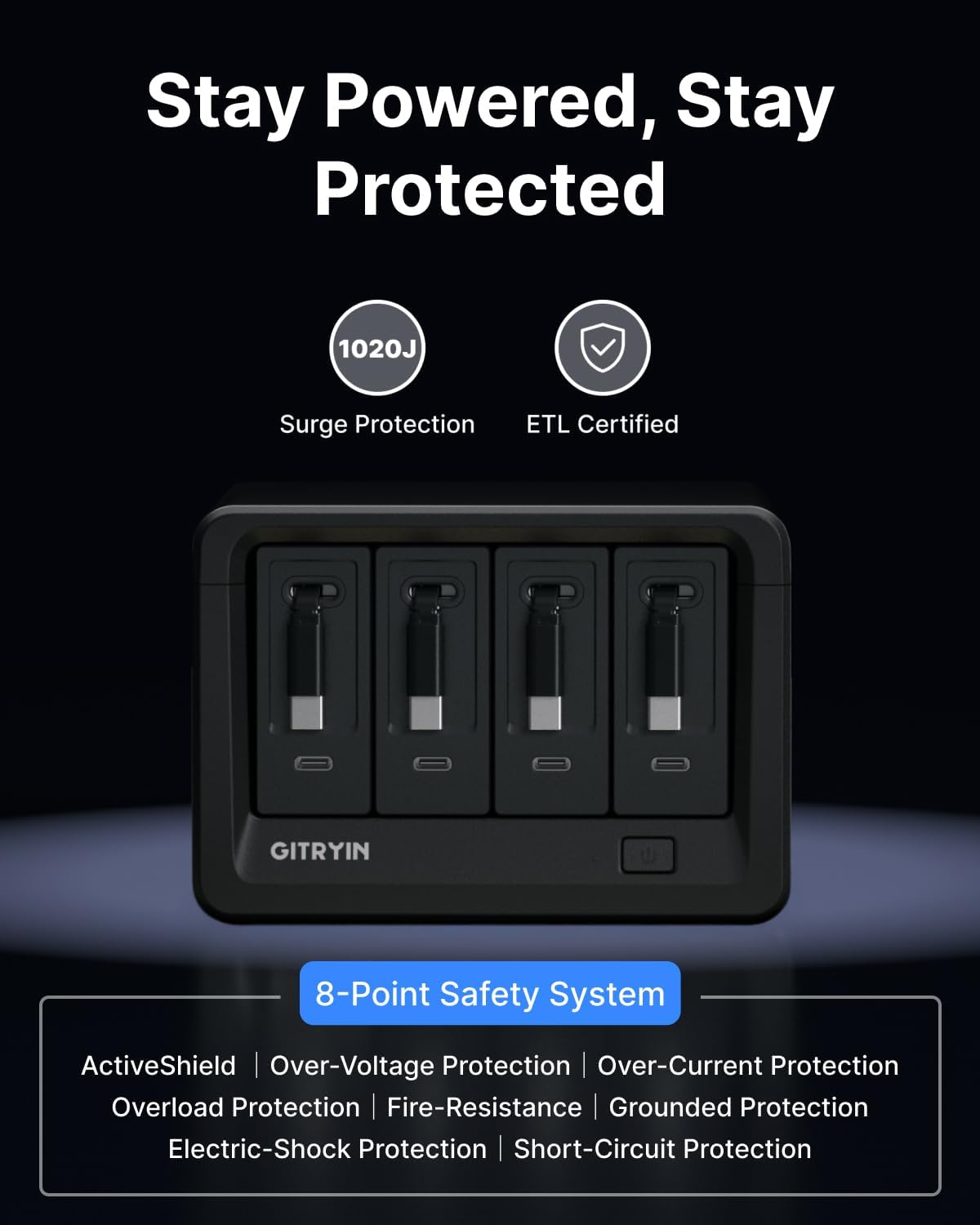 Gitryin 12-in-1 Desktop Charging Station with 4 Retractable Type-C Wall Chargers, 40W USB-C Power Strip with Flat Plug, Extension Cord with 1020J Surge Protection for Home Office
