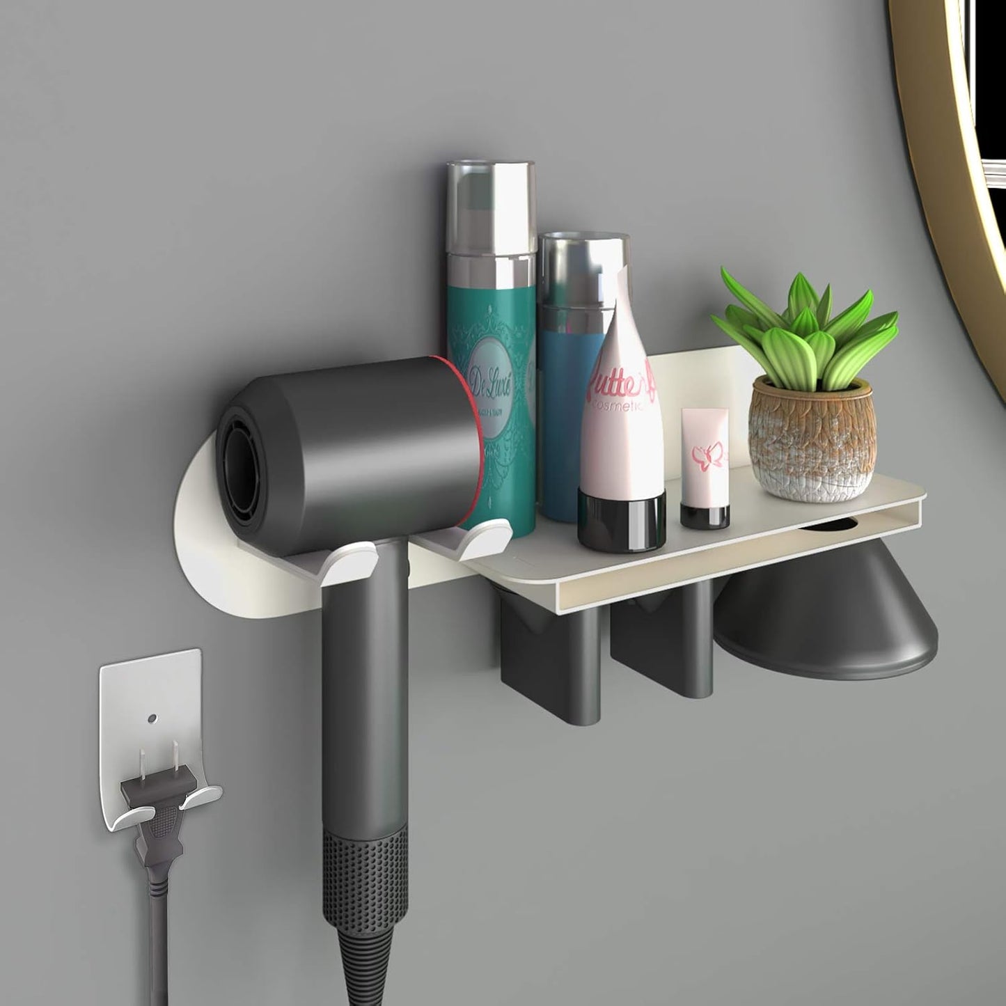 FLE Hair Dryer Holder Wall Mounted with Shelf - Hair Dryer Holder Rack Organizer Compatible for Dyson Supersonic Dryer(White)