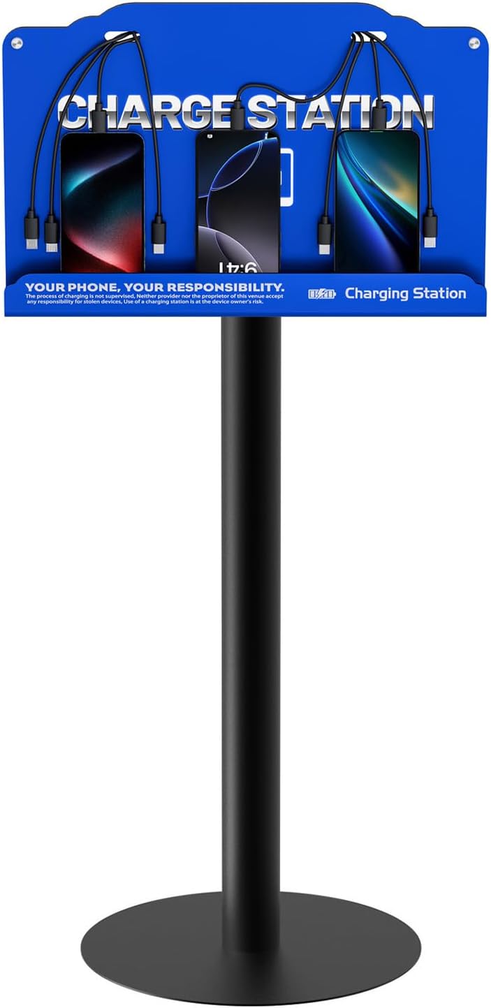Floor Standing Cell Phone Charging Station with Fast Charigng Cables – 8 Device Charging Dock for Office, Hotel & Public Spaces | Compatible with iPhone ipad Smartphone Tablets Android Port (Blue)