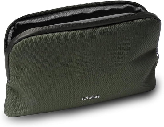 Olive Expandable Desk Storage Pouch – Fold-Down Access Panel, Pen Loop, Recycled Water-Resistant Material – Self-Standing Organizer for Office, Travel, Tech Gear