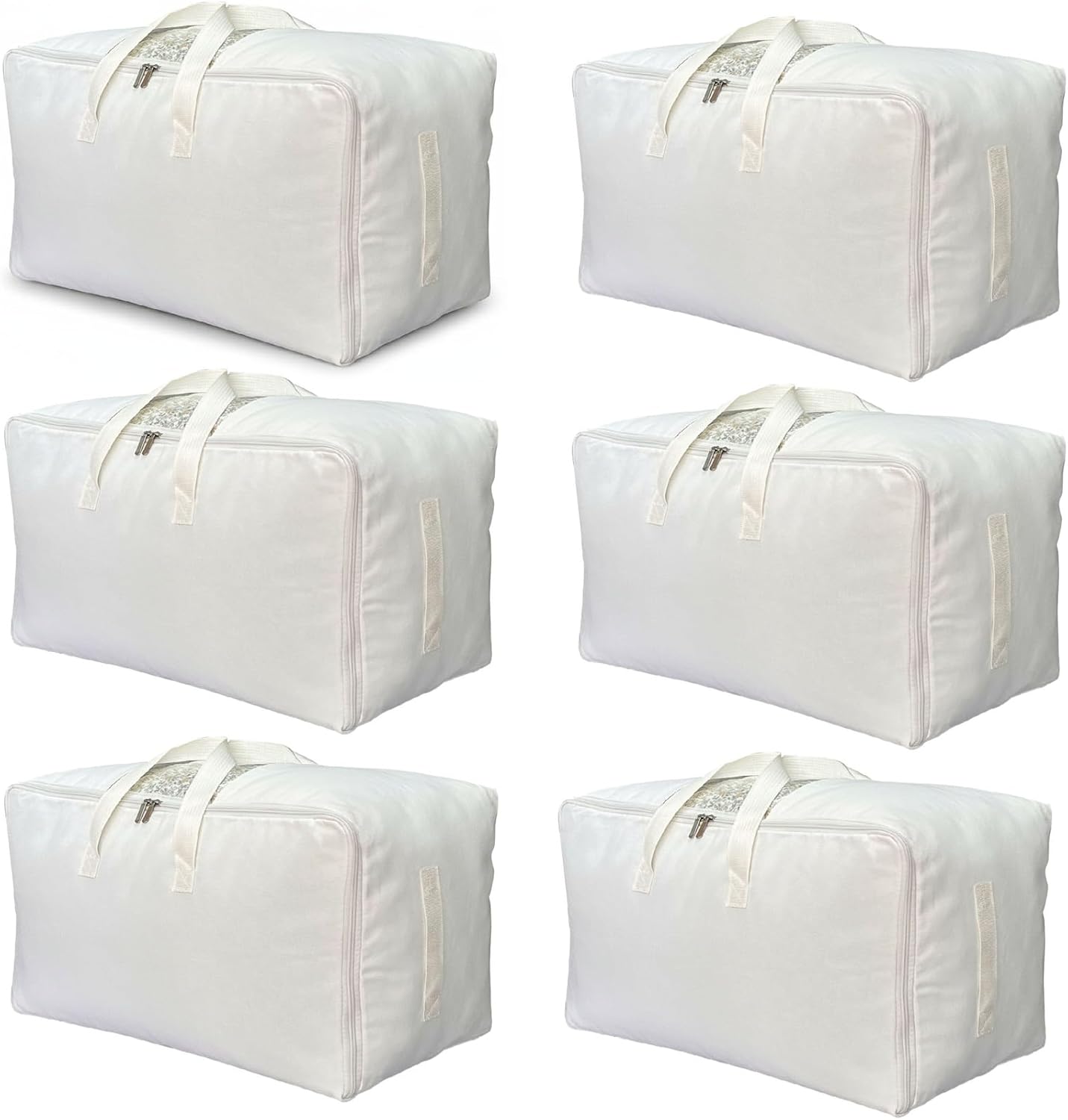 Soft Canvas Clothes Storage Bags with Four Carrying Handles and Clear Window, Closet Organizer for Clothing, Blankets Sheets Pillows and Bedding, 55L, 6 Pack, White