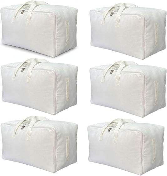 Soft Canvas Clothes Storage Bags with Four Carrying Handles and Clear Window, Closet Organizer for Clothing, Blankets Sheets Pillows and Bedding, 55L, 6 Pack, White