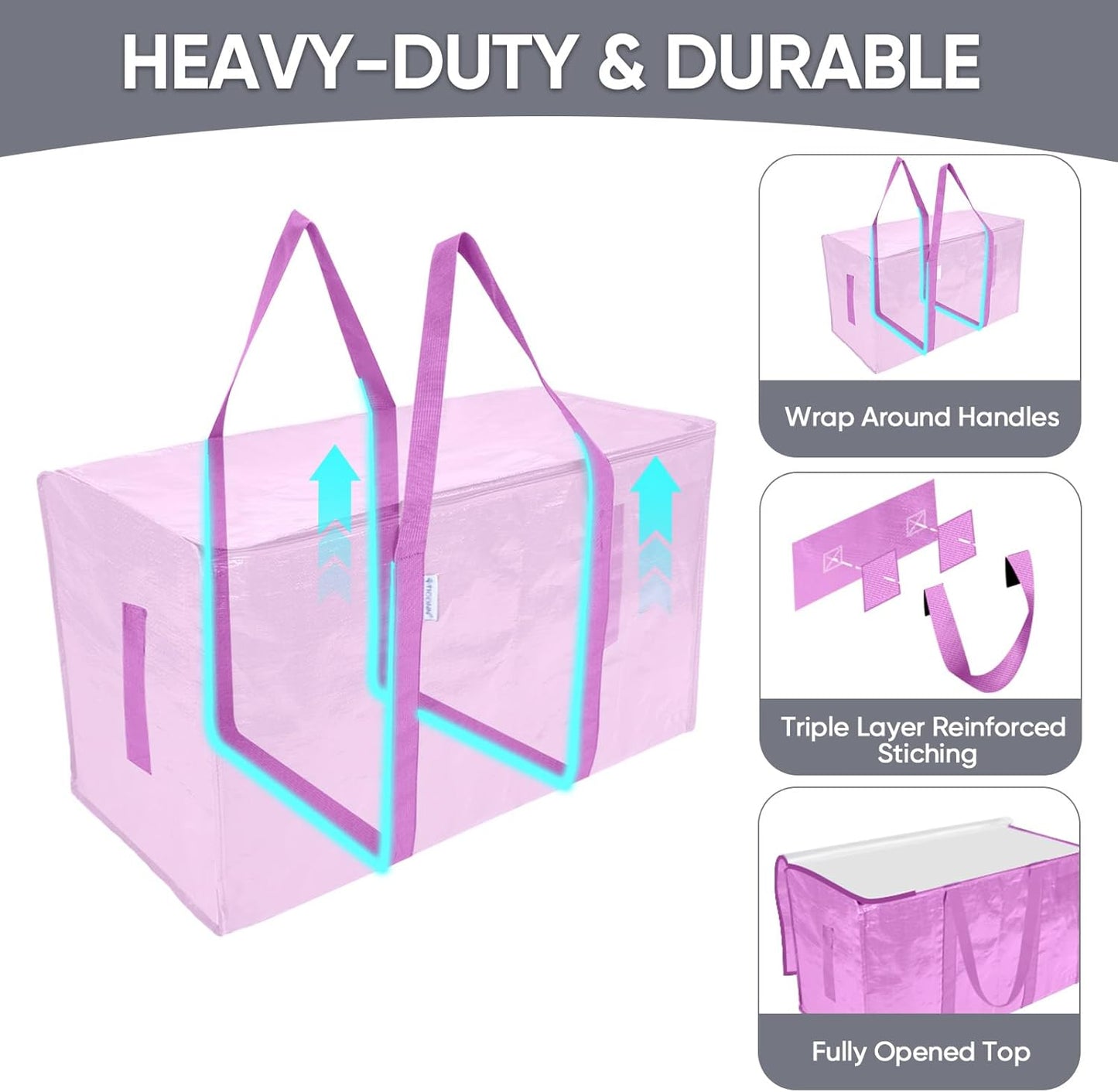 TICONN 4 Pack Extra Large Moving Bags with Zippers & Carrying Handles, Heavy-Duty Storage Tote Moving Boxes for Space Saving (4 Pack, Pink)