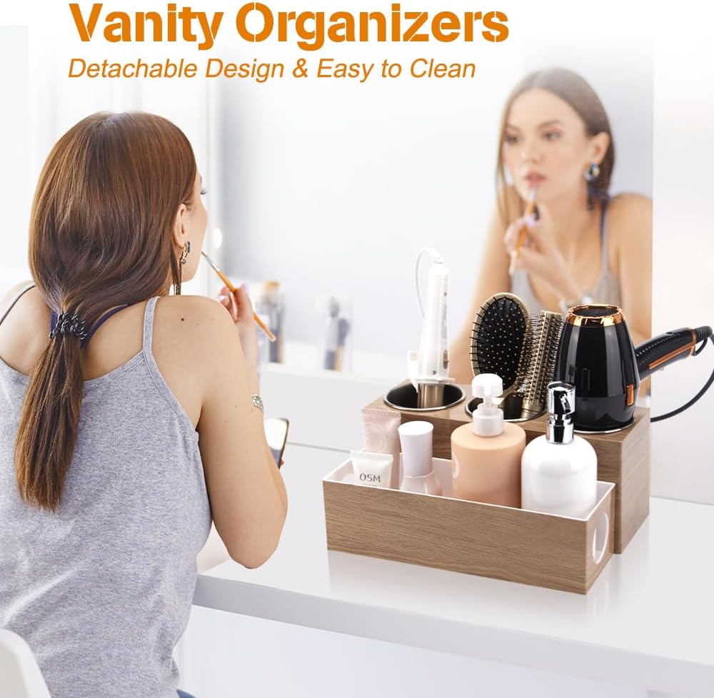 Hair Tool Organizer - Bathroom Vanity Organizers and Storage, Hair Styling Accessories Hot Tools Organizer Hair Dryer, Blow Dryer, Curling Iron, Flat Iron, Hair Straightener, Wood