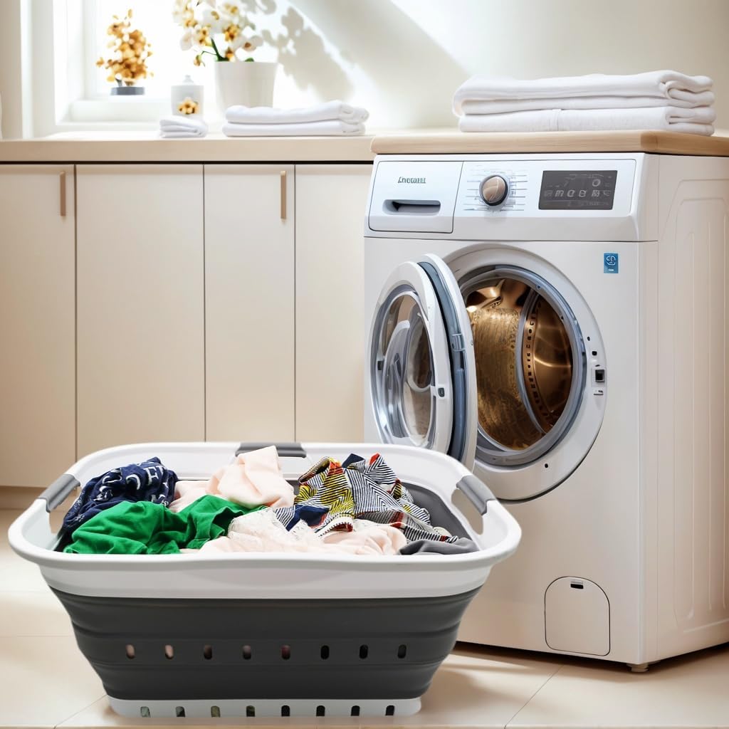 SAMMART 42L (11 gallon) Collapsible Plastic Laundry Basket - Foldable Pop Up Storage Container/Organizer - Space Saving Hamper/Basket (1, White/Dark Grey)