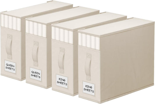 4 Pack Bed Sheet Closet Organizers and Storage,Sturdy Foldable Storage Containers with Window and Label,Storage and Organization for Bedding Sheets,Duvet Covers,Blankets (Beige)
