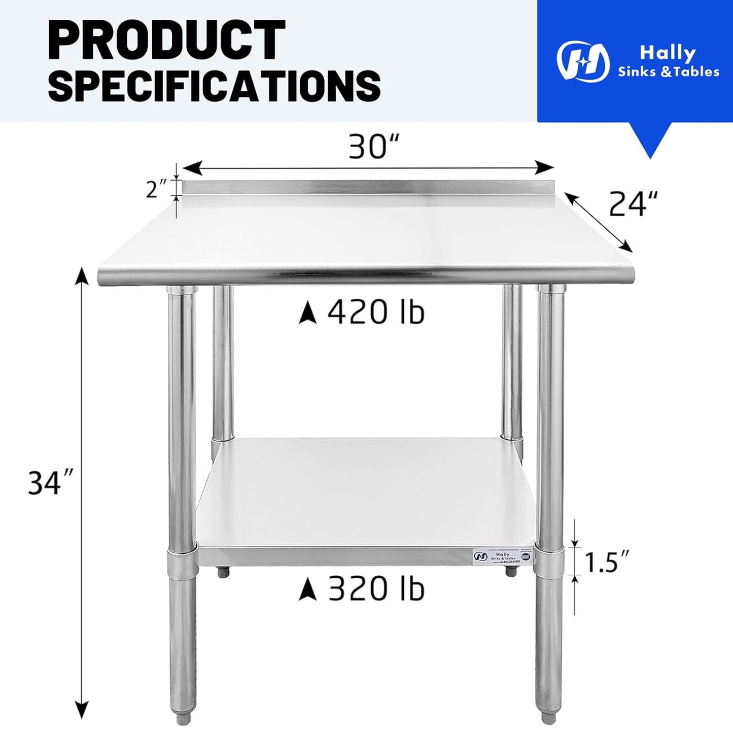 Hally Stainless Steel Table for Prep & Work 24 x 30 Inches, NSF Commercial Heavy Duty Table with Undershelf and Backsplash for Restaurant, Home and Hotel