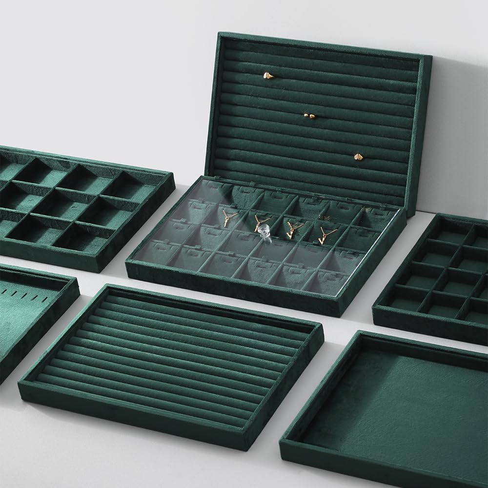 Velvet Stackable Jewelry Display Tray, 24 Grid Earring Ring Storage Tray, Drawer Divider Jewelry Accessories Organizer Plate (Green)