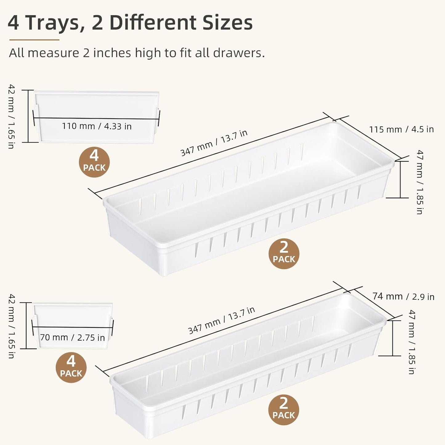 Desk Drawer Organizer Tray 4 PCS Plastic Office Drawer Organizer Bins Junk Organizer Divider with Non-Slip Silicone Pads, Makeup Vanity Organizer for Drawer, White