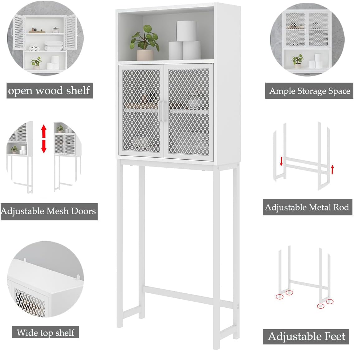 Launica Over The Toilet Storage, Industrial Bathroom Organizer Over Toilet, Freestanding Over Toilet Bathroom Storage Cabinet with Rack, Wood Metal Bathroom Space Saver Shelf Over Toilet, White Oak